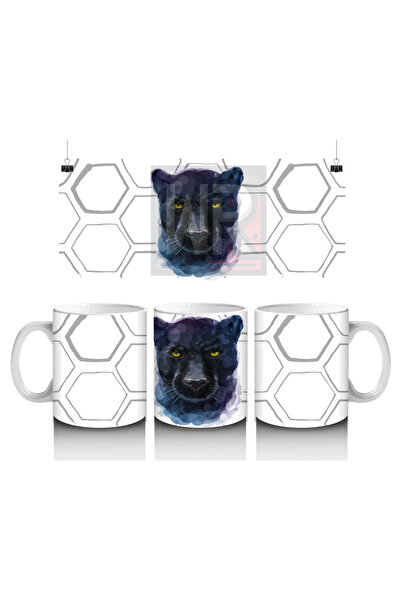 Luluyen Portrait of a Purple-Eyed Panther on a Hexagonal Pattern – Printed Co...