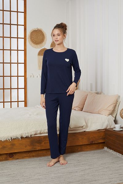 Siyah İnci Navy Blue Heart Embroidery Ribbed Knitted Pajamas Suit25226003