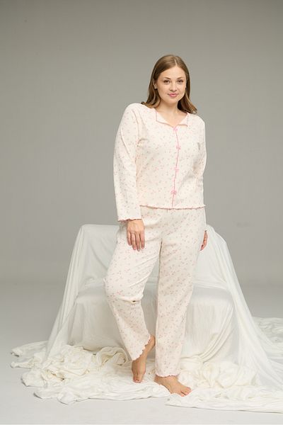 Siyah İnci Cream Pattern Large Size Battal Cotton Bow Tie Twill Knitted Pajamas Suit25228001-7