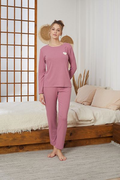 Siyah İnci Rose Dry Heart Embroidery Ribbed Knitted Pajamas Suit25226003