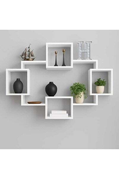 Woody Home Beyaz Dekoratif Duvar Rafı, Kitaplık, Gizli Bağlantılı, Uçan Duvar Rafı, Duvar Dekorasyon 115x95