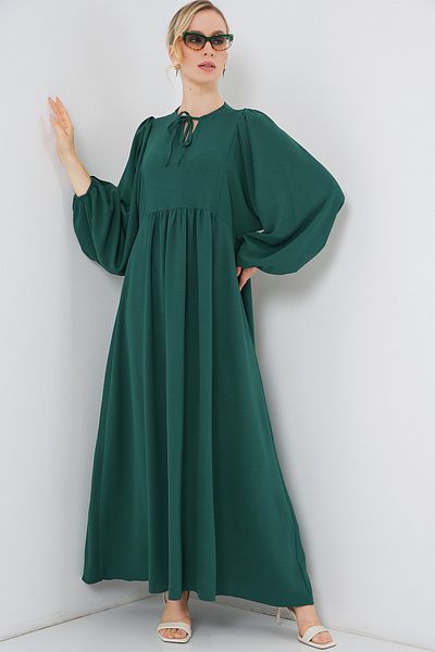 Merterium Women's Balloon Sleeve Long Hijab Dress Emerald Green 1124