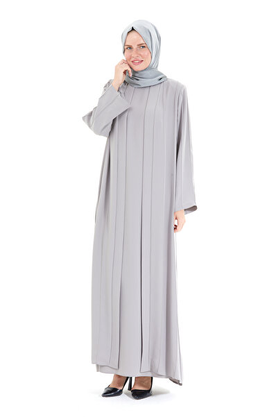 Hassene Butik Hassene Pure Nervürlü Ferace & Elbise Takım Gri