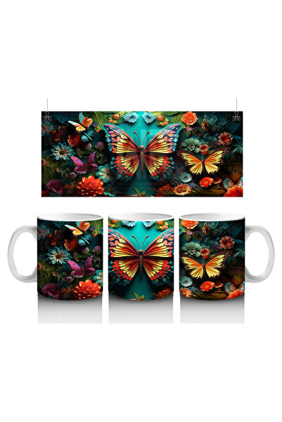 Luluyen فراشة برتقالية لامعة بين الزهور الملونة – كوب قهوة مطبوع