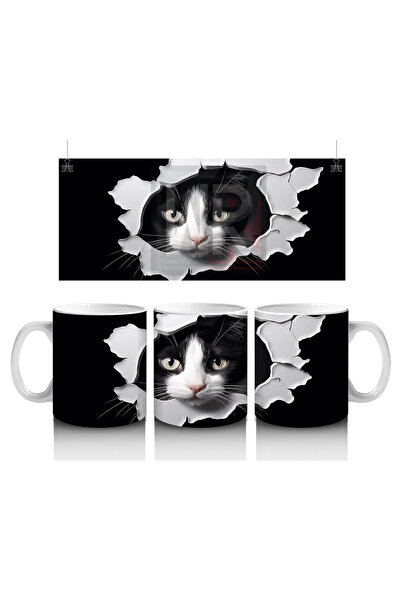 Luluyen Black and White Cat between Cracked Walls – Printed Coffee Mug