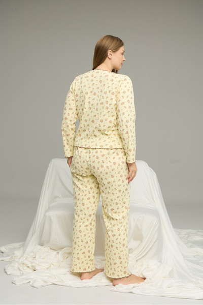 Siyah İnci sarı desenli Büyük Beden Battal Pamuklu Fiyonklu Fitilli Örme Pijama Takım25228001-3