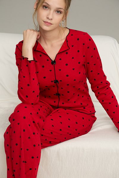 Siyah İnci Red Heart Pattern Cotton Bow Tie Ribbed Knitted Pajamas Suit25226004-2