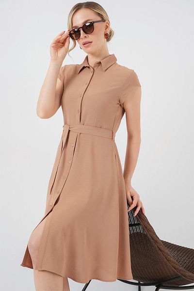Merterium Women's Buttoned Belted Dress Biscuit 1011