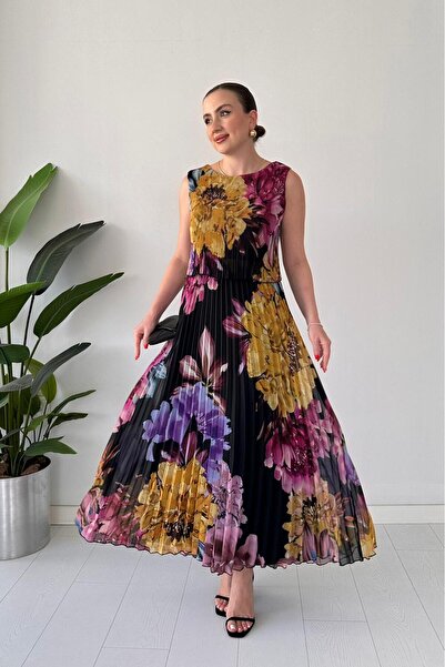 MaziButik فستان شيفون أقحوان أسود