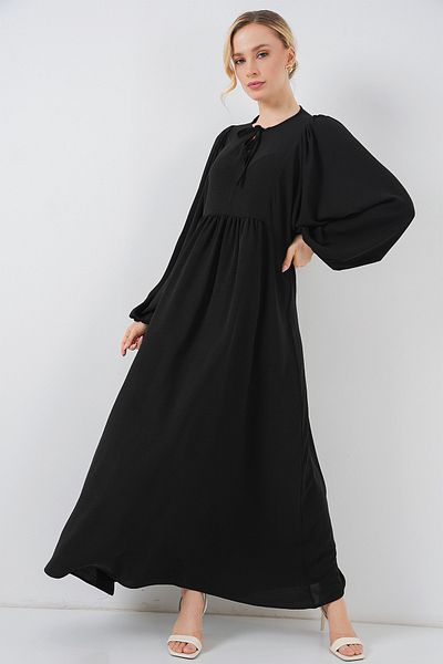 Merterium Women's Balloon Sleeve Long Hijab Dress D.Black 1124