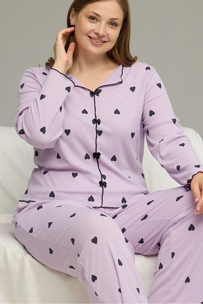 Siyah İnci Lilac Pattern Large Size Battal Cotton Bow Tie Ribbed Knitted Pajamas Suit25228001-9