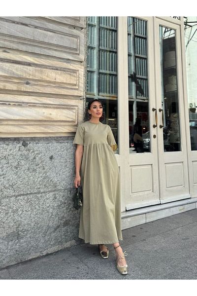 Ecenin Favorileri Crew Neck Robe Long Dress with Pockets