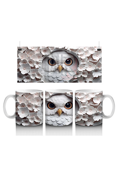Luluyen Shining Owl among White Leaves – Printed Coffee Mug