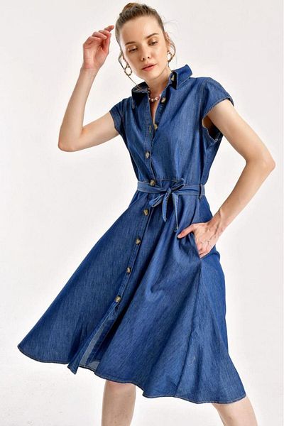 Merterium Women's Buttoned Belted Denim Dress Navy Blue 1011