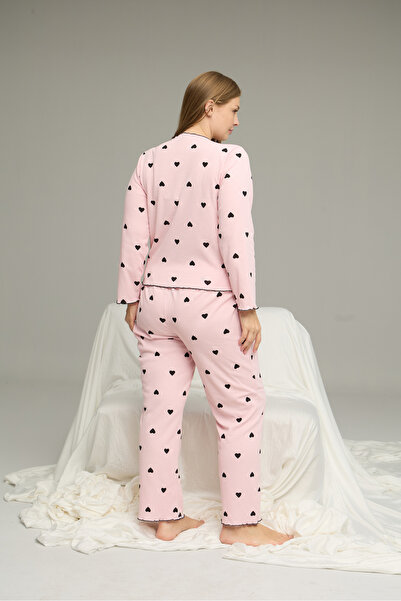 Siyah İnci pembe desenli Büyük Beden Battal Pamuklu Fiyonklu Fitilli Örme Pijama Takım25228001-5