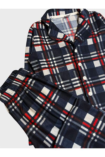 ALİŞ KİDS Boys' Cotton Suede Fabric Navy Blue Plaid Pattern Long Sleeve Shirt Collar Button Pajama Set