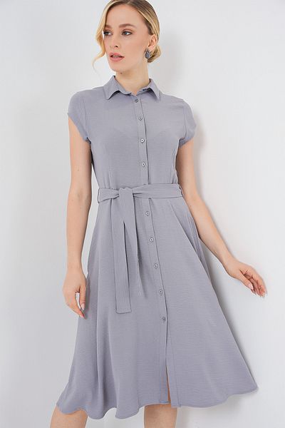 Merterium Women's Buttoned Belted Dress Gray 1011