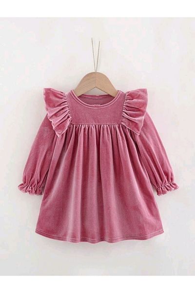 OEM Velvet dress, pink for girls, with long sleeves, 74-80 cm, 9-12 months