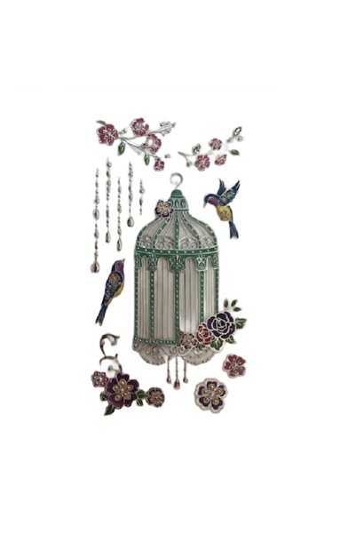 Bibilel Autocolant de perete cușcă cu păsări și flori, 60 x 31,5 cm, multicolor