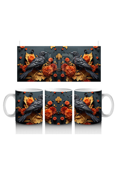 Luluyen صورة ظلية لغراب بين زهور برتقالية - كوب قهوة مطبوع