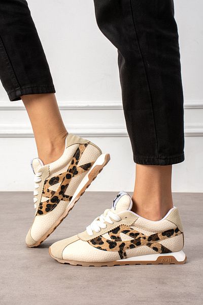 DABAB AYAKKABI Women's Beige Skin Leopard Detailed Lace up Flat Comfortable Daily Sports Sneakers