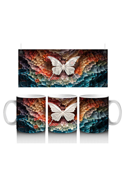 Luluyen فراشة بيضاء على قهوة برتقالية لامعة - كوب قهوة مطبوع