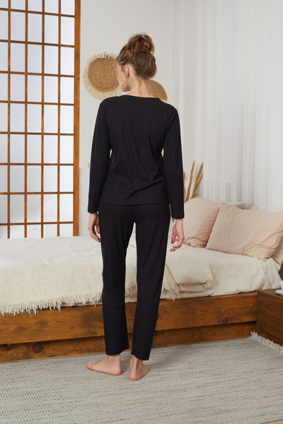 Siyah İnci Black Love Embroidery Ribbed Knitted Pajamas Suit25226001