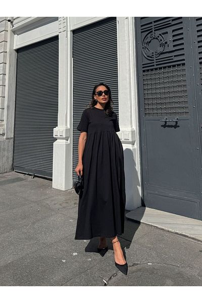 Ecenin Favorileri 100% Cotton Crew Neck Robe Long Dress with Pockets