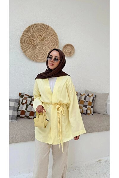 DEFNECE BUTİK Kimono with Knitted Belt - Yellow