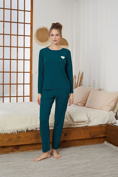 Siyah İnci Green Heart Embroidery Ribbed Knitted Pajamas Suit25226003