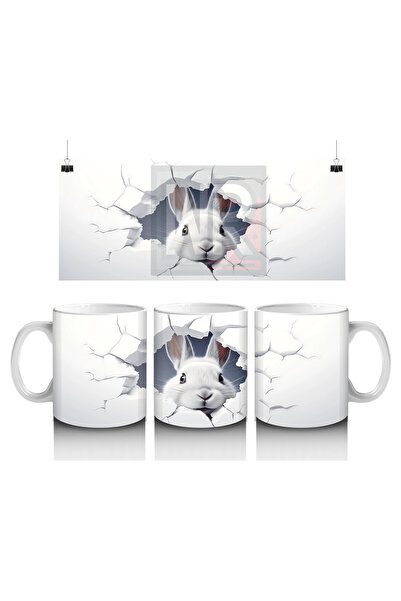 Luluyen أرنب أبيض لطيف ينظر من خلال جدار متشقق - كوب قهوة مطبوع