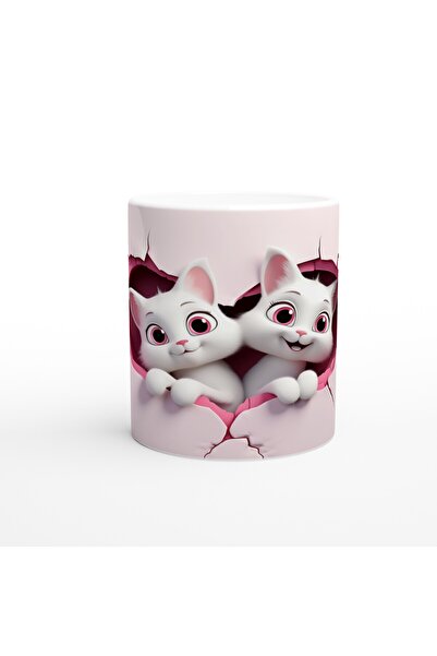 Luluyen Cute Twin Cartoon Cats Punching through Pink Wall Printed Mug