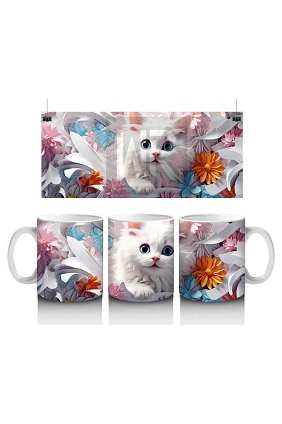 Luluyen White Cat on Orange Floral Background – Printed Mug