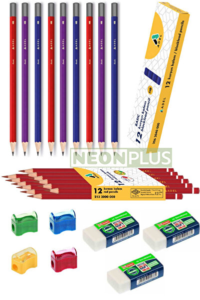 NEON PLUS 12 Adet Siyah Kurşun Kalem, 12 Adet Kırmızı Kalem, 3 Adet Silgi, 4 ...