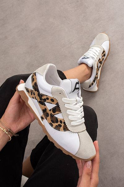 DABAB AYAKKABI Women's Ecru Leopard Skin Leopard Detailed Lace up Flat Comfortable Daily Sports Sneakers