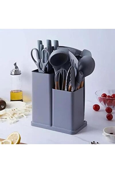 Tradeo 19pcs Grey silicone spatula set with holder—heat-resistant, BPA-free, safe for nonstick cookware.