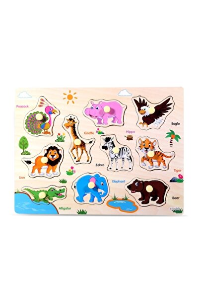 dalip Wooden puzzle with wild animals and their names in English, 10 pieces, ...