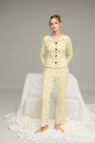 Siyah İnci Yellow Floral Pattern Cotton Bow Tie Ribbed Knitted Pajamas Suit25226004-4