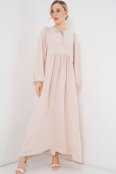 Merterium Women's Balloon Sleeve Long Hijab Dress Cream 1124