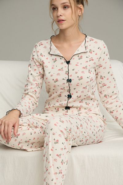 Siyah İnci Ecru Floral Pattern Cotton Bow Tie Ribbed Knitted Pajamas Set25226004-3