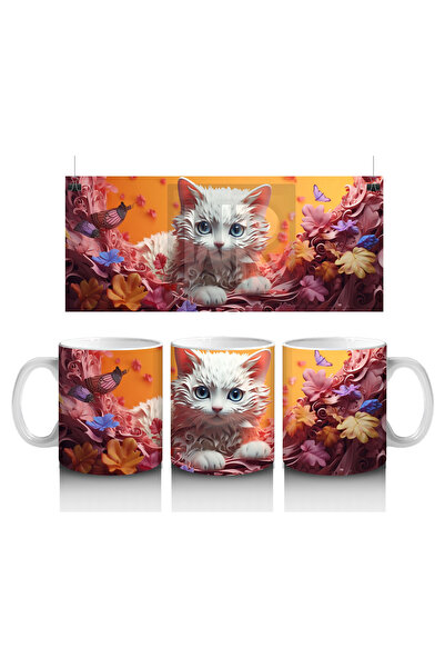 Luluyen White Cat with Feathers on Colorful Background – Printed Coffee Mug