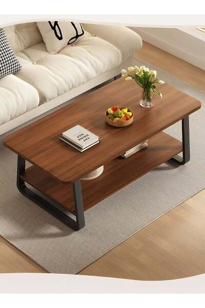 Taimi طاولة قهوة خشبية من طبقتين بأرجل معدنية، مناسبة لغرفة المعيشة والمكتب، مقاس 100×60×48 سم - بني