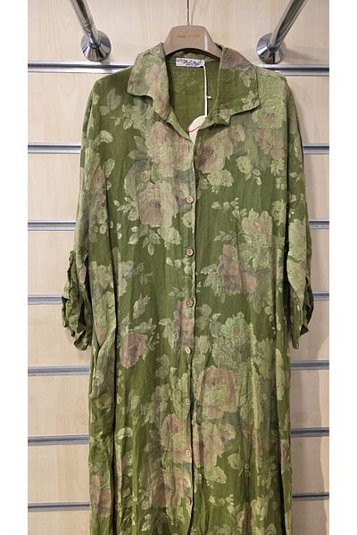 Park Moda Italian Long Linen Shirt Dress Rose Pattern