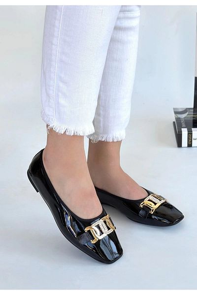 STILVANA Embor Black Patent Leather Ballerina Shoes