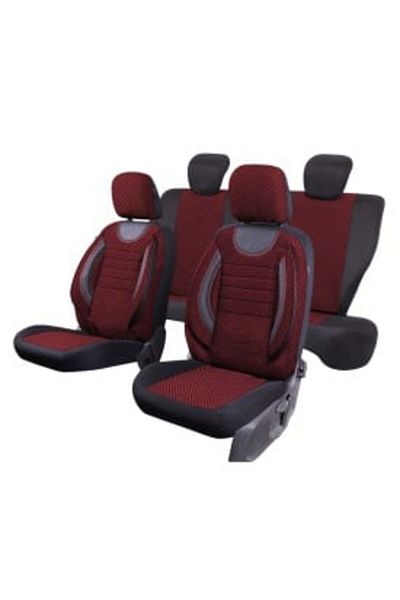 DELUXETUNING Set huse scaune auto universale, negru cu rosu, piele ecologica cu material textil, fata-spate, Lich