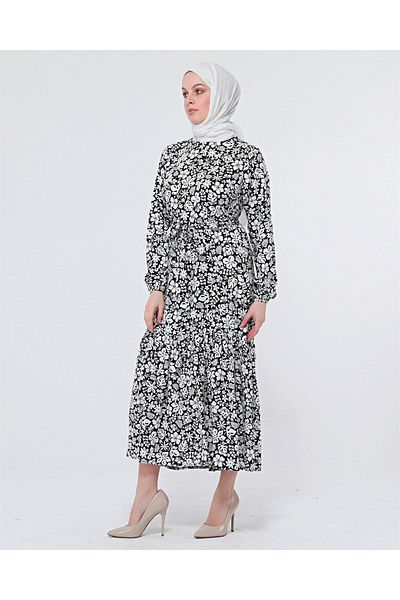 BNZ TEKSTİL Viscose Fabric Ruffle Belted Tettured Dress