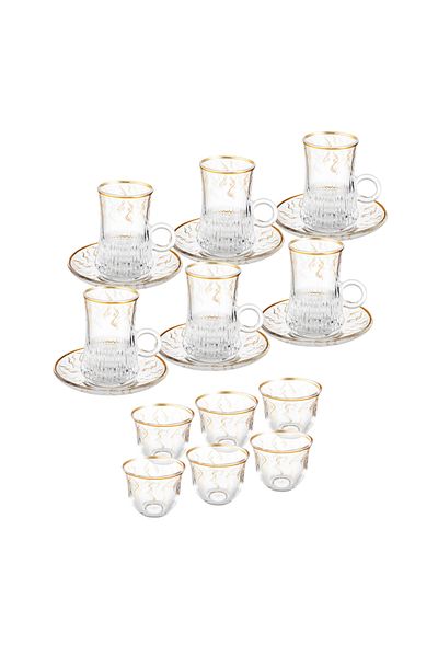 Dania Clear glass tea cup set with beautiful gold decor, consisting of 6 cups + 6 saucers