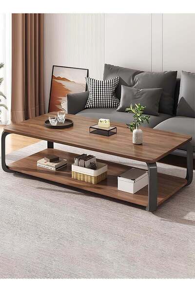Taimi 2-layers Modern Center Table With Elegant Design-Gray Coffee Table and Black Meta Frame 100x50x43cm