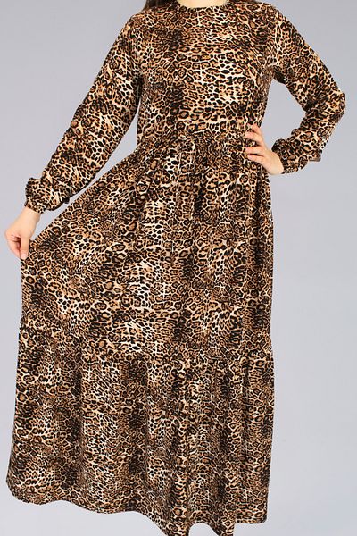 BNZ TEKSTİL Viscose Fabric Long Leopard Tettured Dress