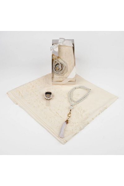 nurfemina Cream Lace Shawl and Pearl Prayer Beads + Zikirmatik Gift Set - Stylish Hijab Combination with Special Box